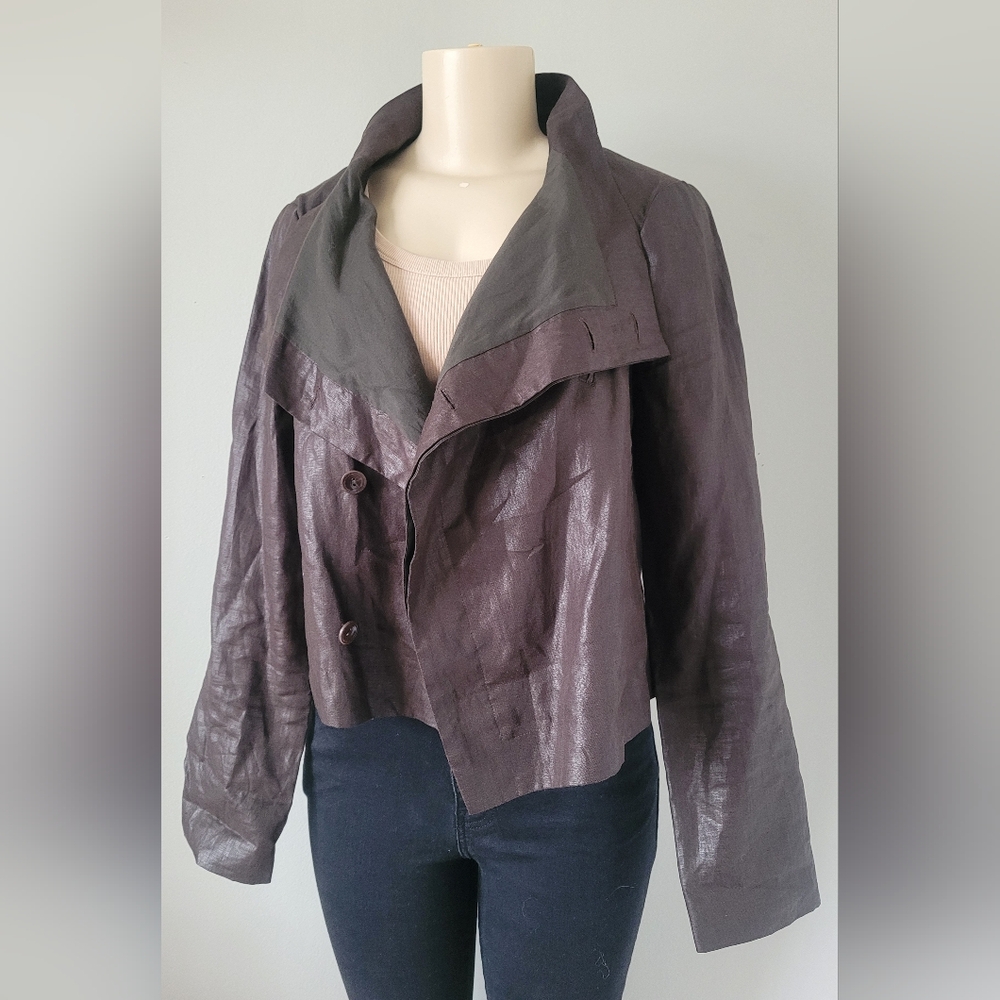 Magaschoni Women's Luxury Linen/Cotton Cropped Jacket Brown Small - Picture 3 of 16